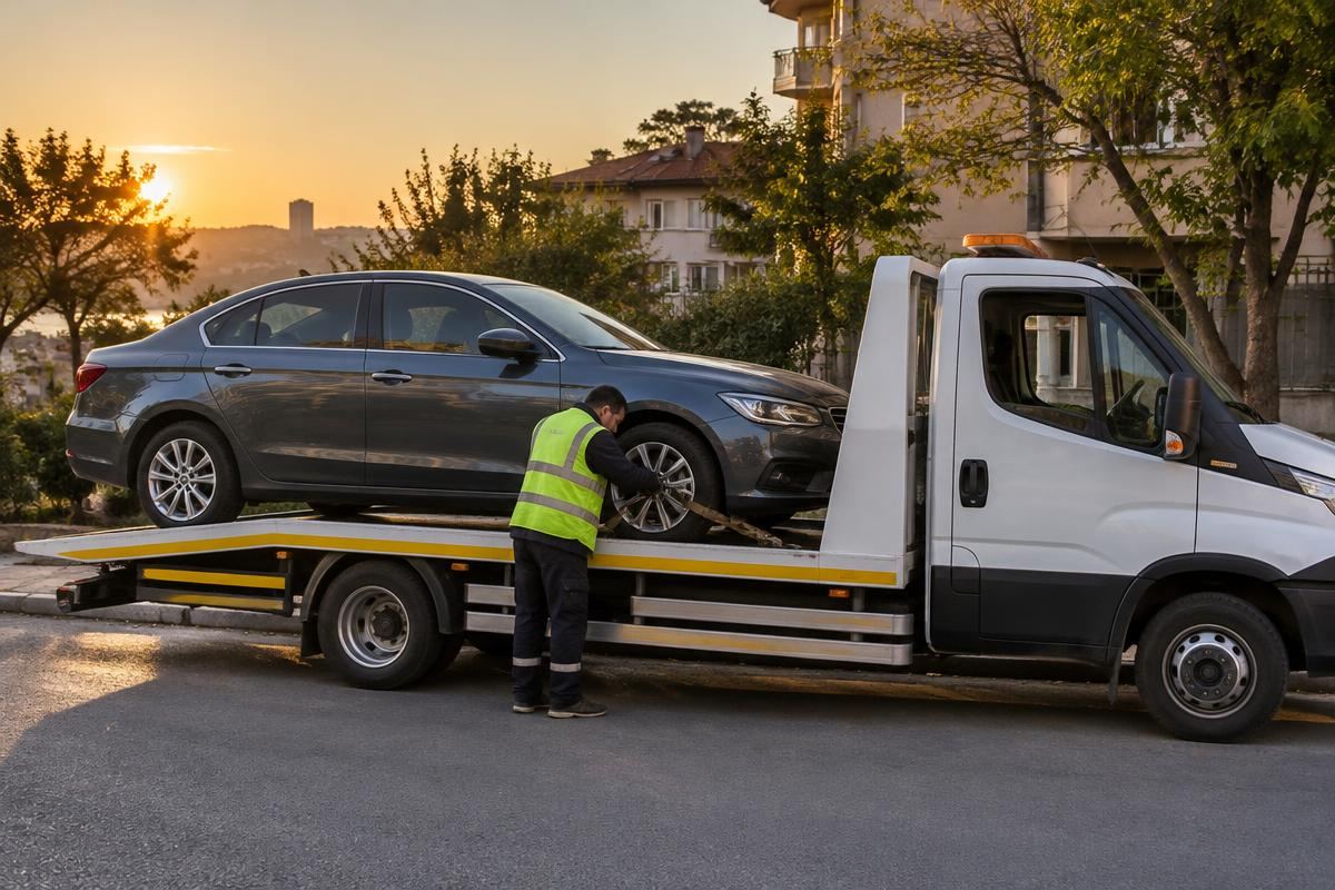 Araç çekici üzerinde kayışlarla sabitleniyor
